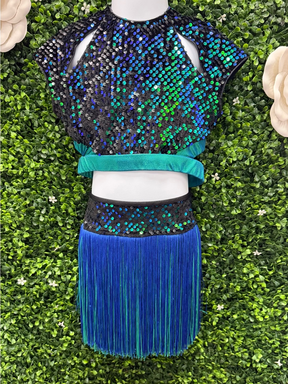 Sequin & Fringe Kids Dance Costume - Blue Green